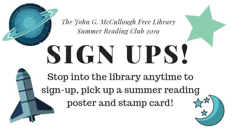 Summer Reading Club for young people. This year's theme is A Universe of Stories. Stop into the library any time to sign up!