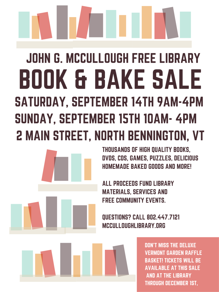 Annual book and bake sale. Saturday September 14, 9am-4pm, and Sunday September 15, 10am-4pm.