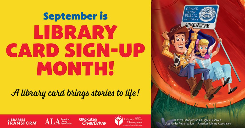 September is Library card sign-up month. Everyone who opens a new account with us in Sept is automatically entered to win a new Kindle Fire or gift certificate to a local bookshop.