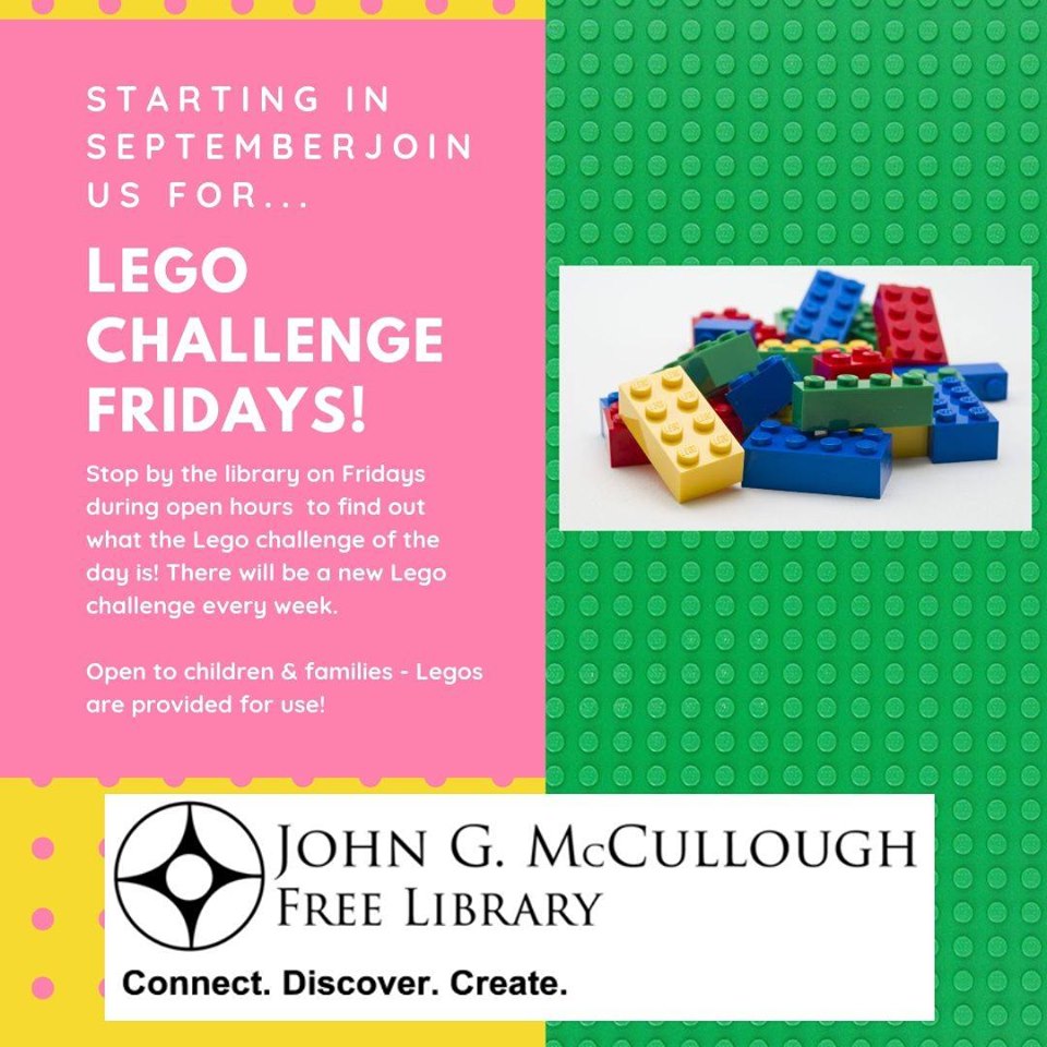 Join us for Lego Challenge Fridays. Open to children and families. This program will take place in the Children's Room from 1 to 6pm on Fridays.