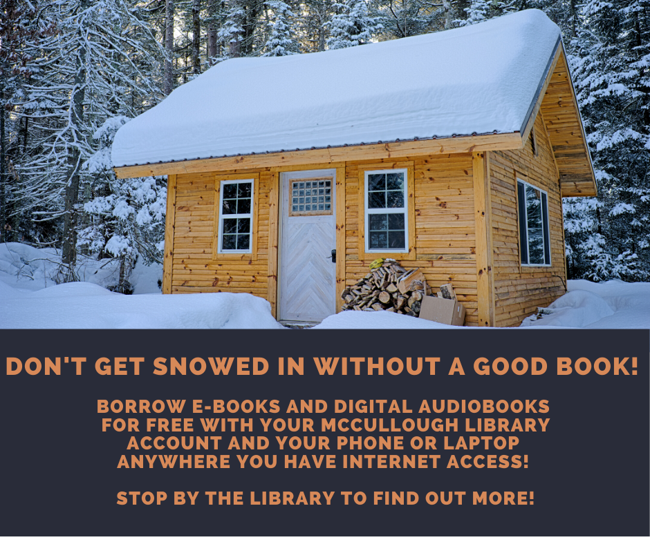 Don't get snowed in without a good book. Borrow e-books and digital audiobooks for free to download on your phone or computer anywhere you have internet access. Stop by the library to find out more!