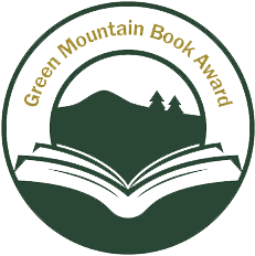 Graphic of an open book, a mountain with two pine trees sitting in it, and the words "Green Mountain Book Award" in a semi-circle around the edge