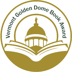Graphic of an open book, Vermont capital building sitting in it, and the words "Vermont Golden Dome Book Award" in a semi-circle around the edge