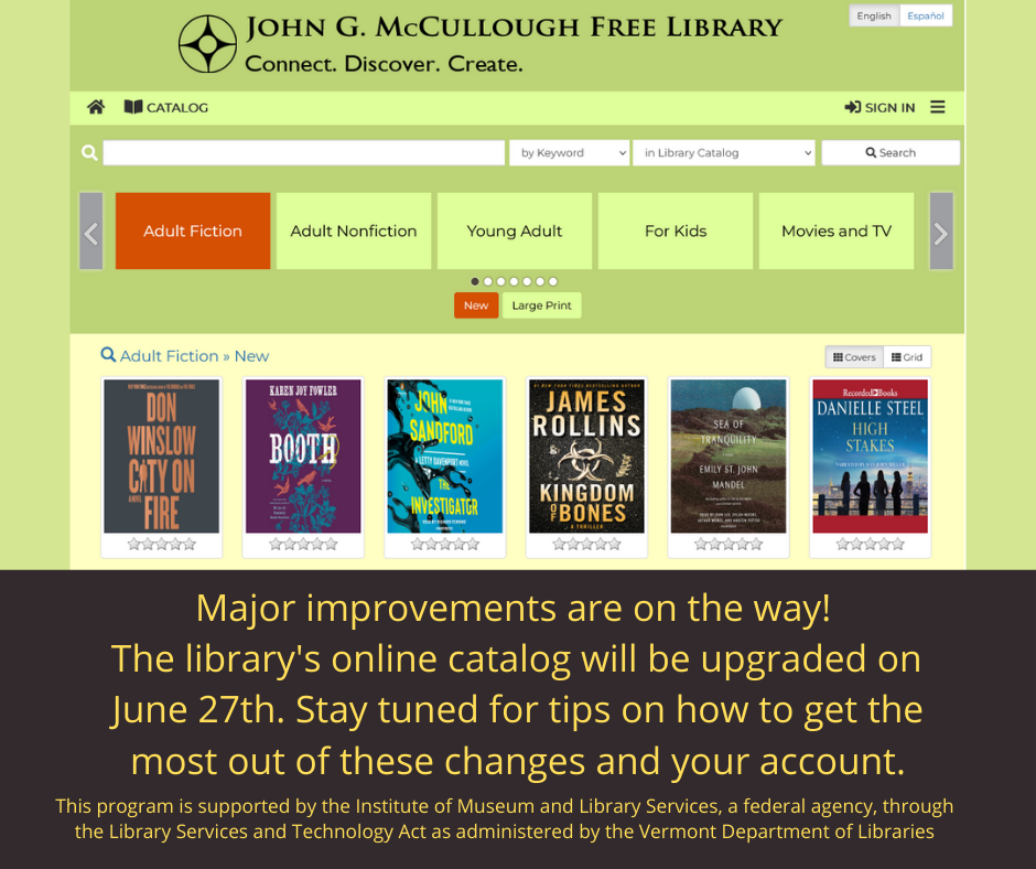Screen shot of new catalog. Major improvements are on the way. The library's online catalog will be upgraded on June 27. Stay tuned for how to get the most out of these changes and your account.
