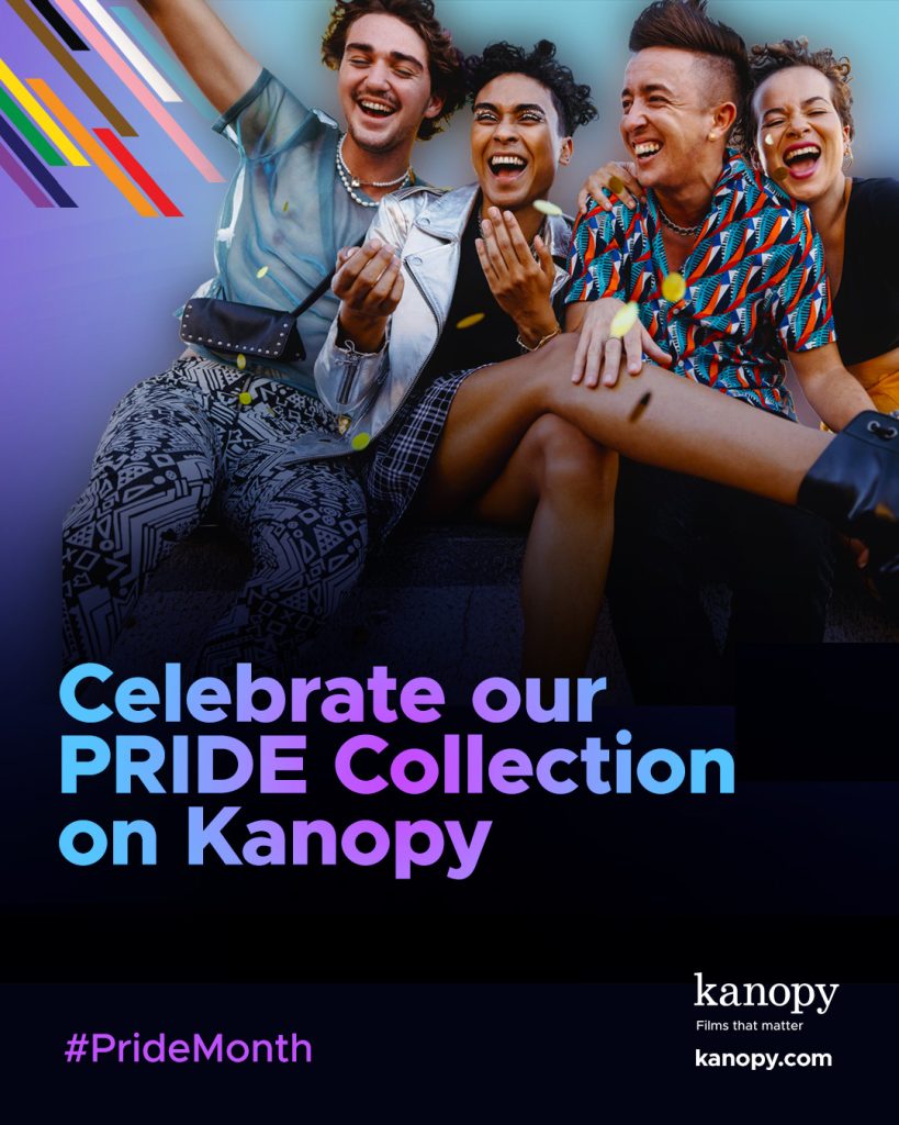 Photo with 4 young adults laughing, with the words "Celebrate our PRIDE collection on Kanopy"
