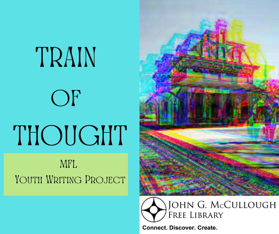 Image of North Bennington Train Station in different colors, and the text "Train of Thought. MFL Youth Writing Project"