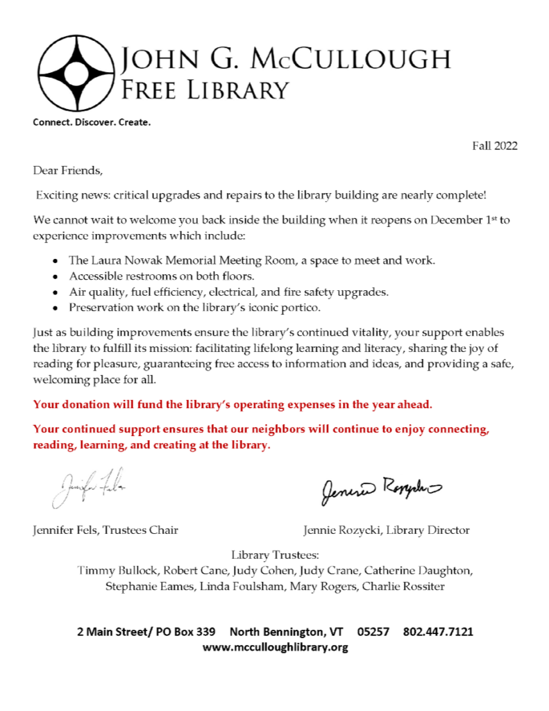 Welcome back to the library message outlining the new renovations and asking for continued support.