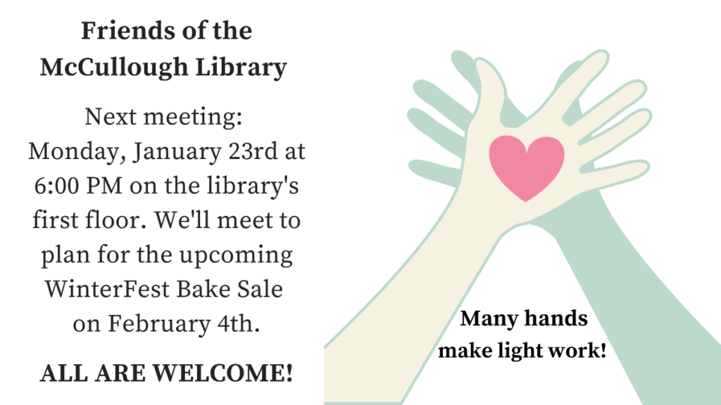 Friends of the Library meeting January 23 at 6PM.