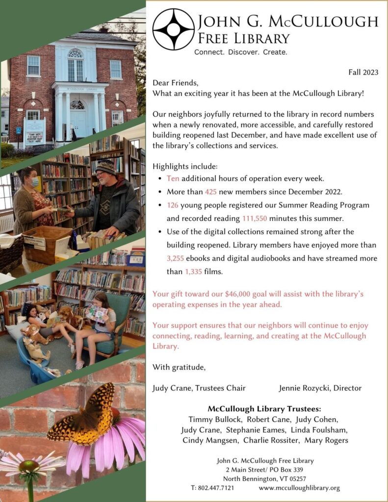 Letter from the Library Board listing some of the highlights from the past year, including more than 425 new members, member use of the digital collection, banner number of young people in the summer reading program, and ten additional hours of operation.