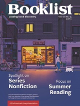 The front cover of Booklist for April 2024 - the image shows a lit bookstore front at night as seen from the street with the words "Spotlight on Series Nonfiction" and "Focus on Summer Reading" in white.