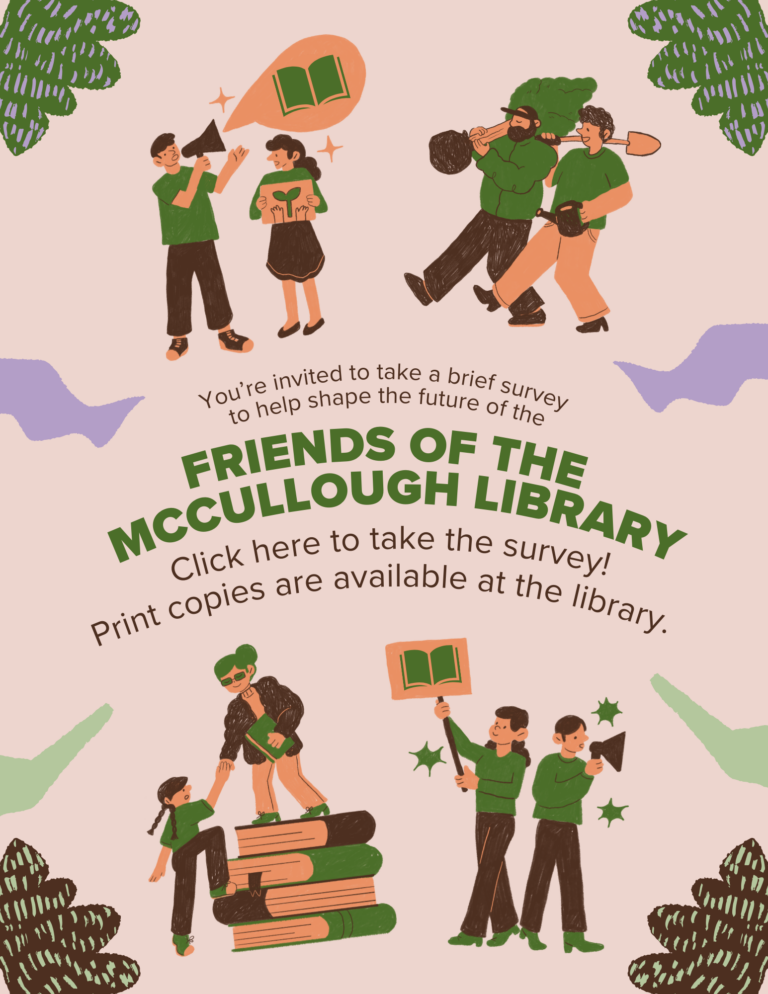 "You're invited to take a free survey to help shape the future of the Friends of the McCullough Library, Use the code to take the survey! Print copies are available at the desk!" This image has graphics of people speaking about books, climbing on an oversized pile of books, and also has a qr code.