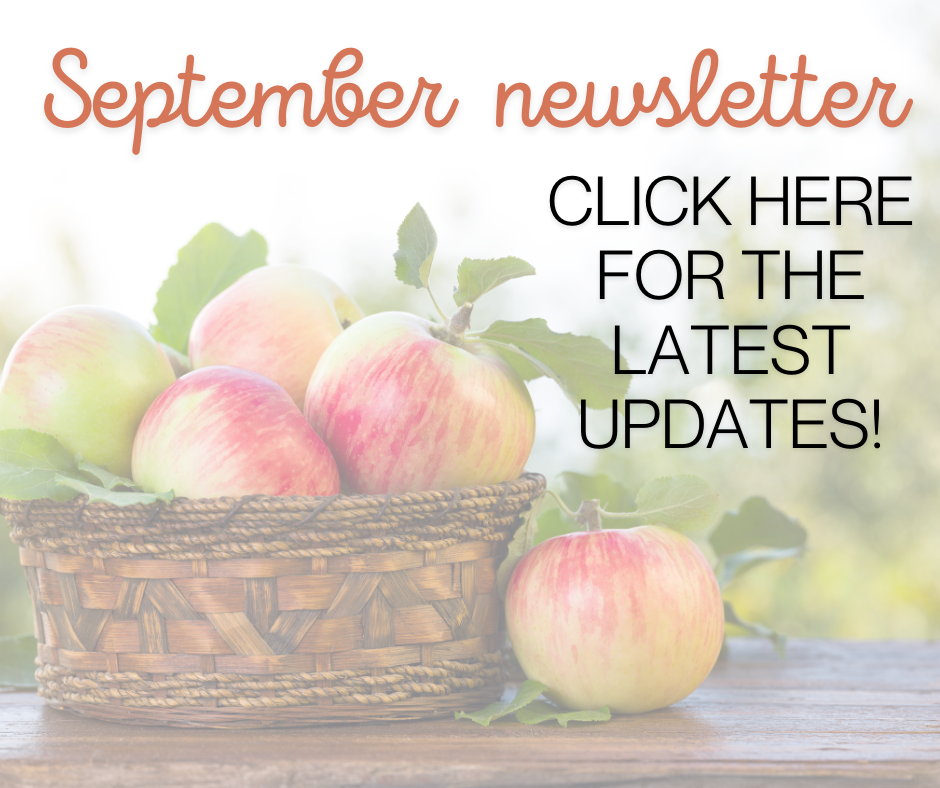 "September Newsletter: Click here for the latest updates!" The image is of a basket of apples that is filtered to appear more grey.