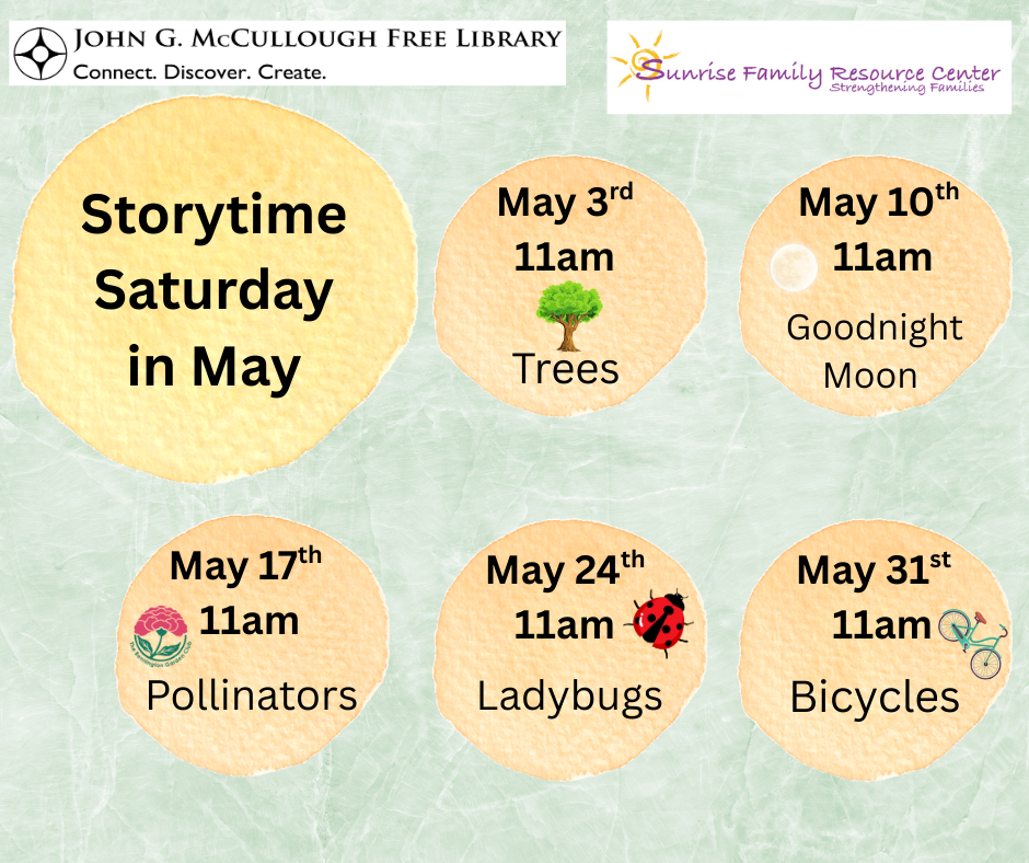 "Storytime Saturday in May at 11am. May 3rd - Trees. May 10th - Goodnight Moon. May 17th - Pollinators. May 24th - Ladybugs. May 31st - Bicycles." This graphic is comprised of yellow circles on a background that looks like blue paper. The logos for the library and Sunrise Family Resource Center are in the top corners. There's a small graphic of each of the themes next to each date.