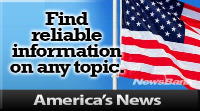 "Newbank: Find reliable information on any topic. America's News." This image is of an American flag on a blue background with black text.