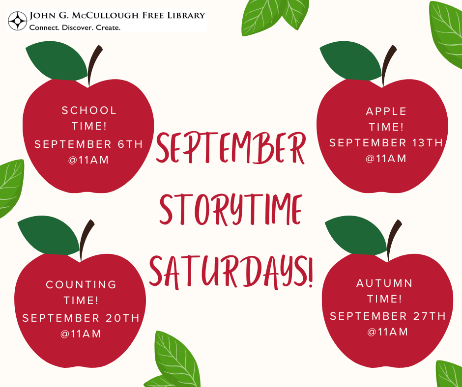 "September Storytime Saturdays. School time - September 6th at 11am. Apple Time - September 13th at 11am. Counting Time - September 20th at 11am. Autumn Time - September 27th at 11am." This image is composed of a white background with red apples with white text naming each of the storytime themes.