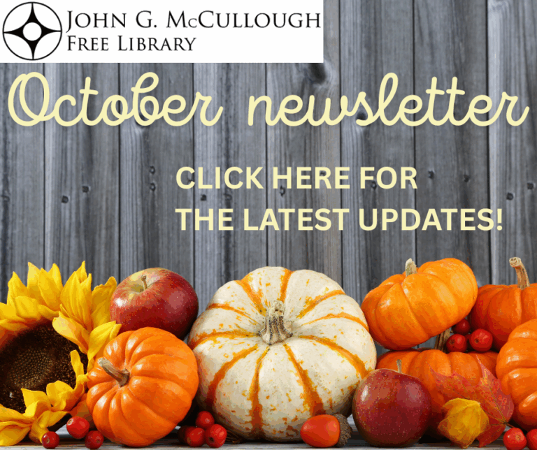"October Newsletter - Click here for the latest updates". This image is of a photo of some pumpkins and fall fruits in front of a grey wooden fence. The library logo is in the top left and the font is light yellow.