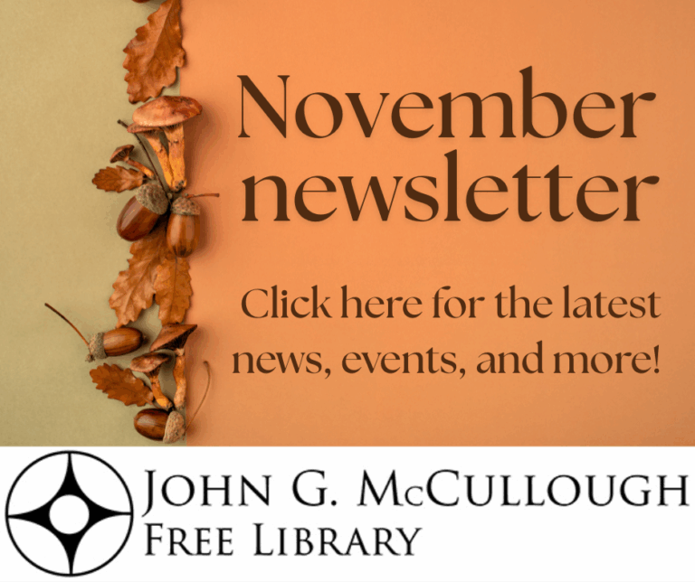 "November Newsletter: Click here for the latest news, events, and more." This image is composed of a yellow background with dark red text and a leaf border running midway through the image from top to bottom.