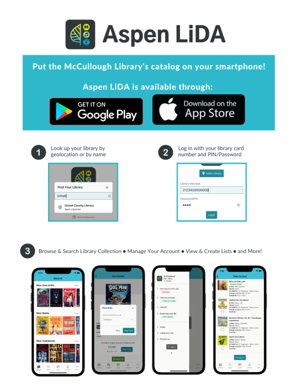 Put the McCullough Library's catalog on your smartphone! Aspen LiDA is available through Google Play or Apple App Store