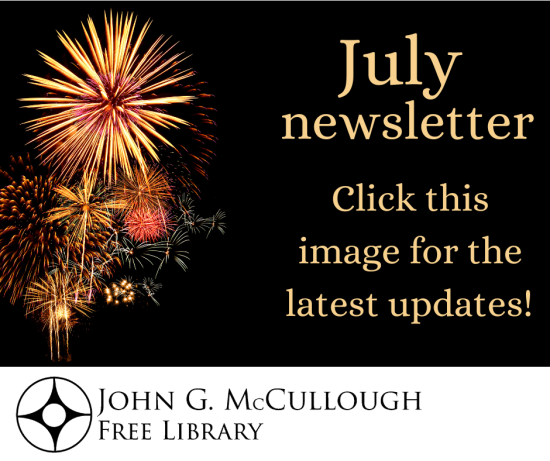 July Newsletter Click this image for the latest updates! This text is yellow on a black background next to an image of fireworks.