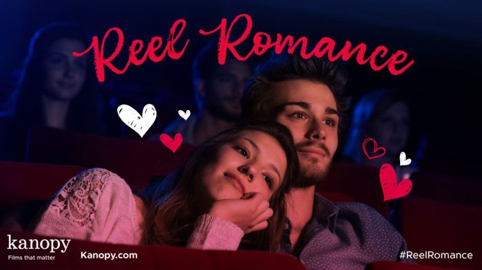 Photo of a woman leaning her head against a man's shoulder in a darkened room, both of them looking forward, with valentine hearts in the background and the words "Reel Romance. Kanopy.com. #ReelRomance.