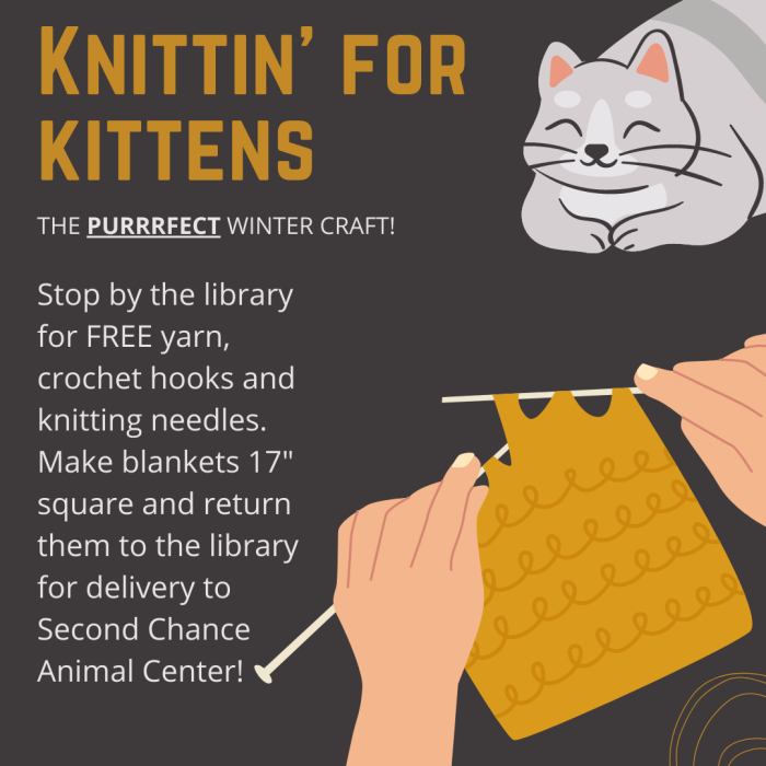 Knittin for Kittens. The PurrrFect Vacation craft! Stop by the library for FREE yarn, crochet hooks and knitting needles. Make blankets 17