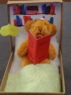 Photo of stuffed teddy bear in a cardboard bed with a blanket over its feet, reading a book