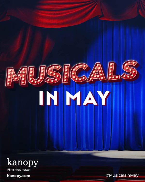 An image of a blue-lit stage with a red curtain and the words "Musicals in May" in flashbulb font. The Kanopy logo is below, with a link to the site and the hashtag #MusicalsinMay.